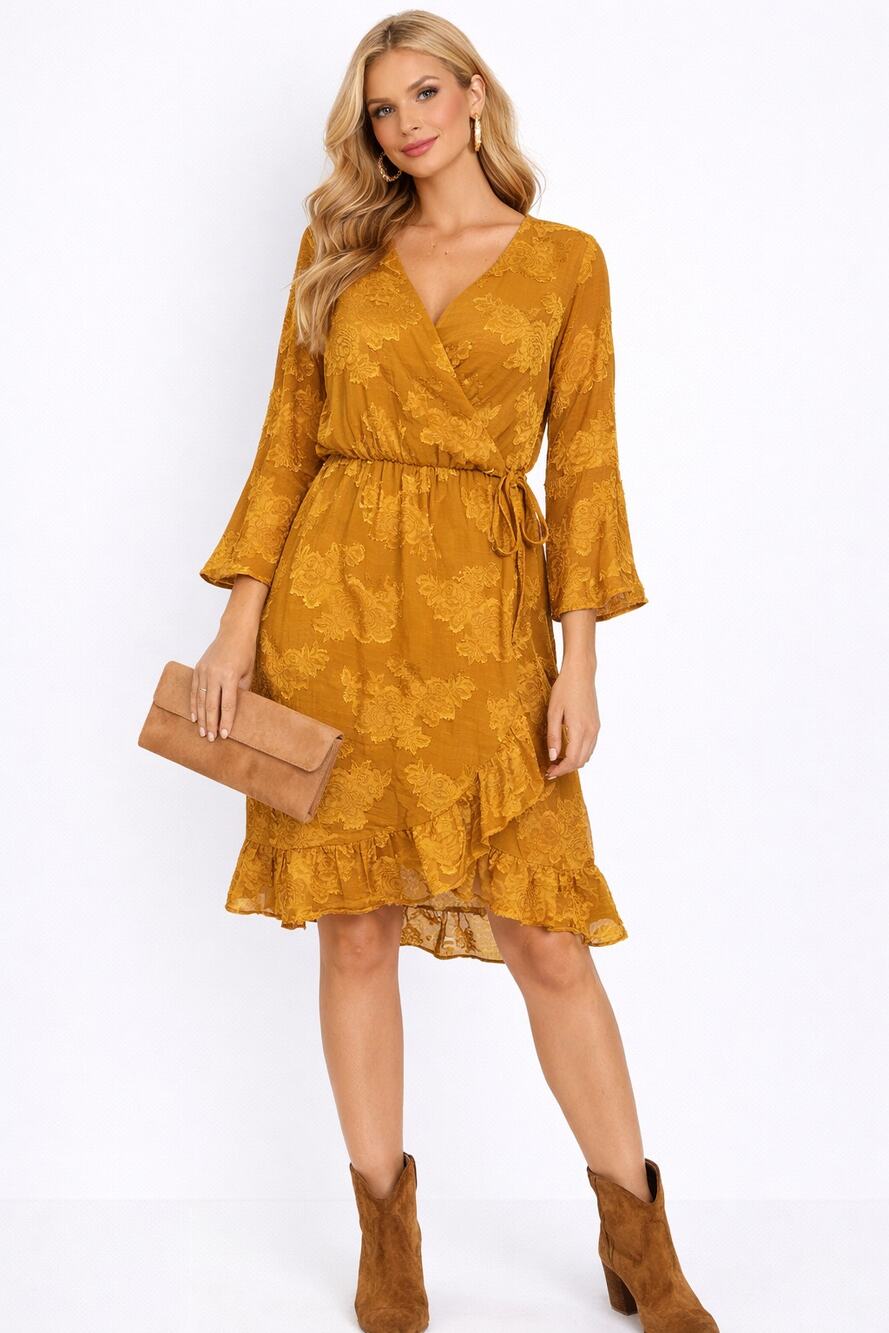 Evolutionary Apparel Anthro Style Mustard Lace Wrap Dress Ruffle Hem Boho L
